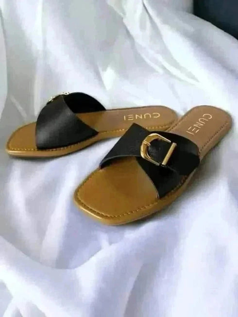 Womens Black Buckled Flats